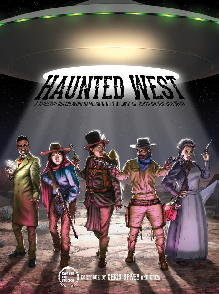 Cover of Haunted West, featuring five characters of different genders and ethnicities dressed in western clothing with a spaceship above them.