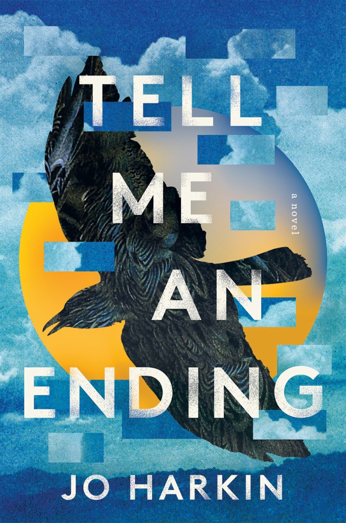Cover of Tell Me An Ending, featuring a blue background and yellow moon, with a black bird flying across the text.