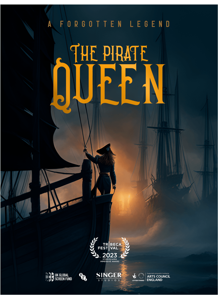 Cover of The Pirate Queen VR game, featuring the silhouette of a female Chinese pirate on a junk ship in the fog.