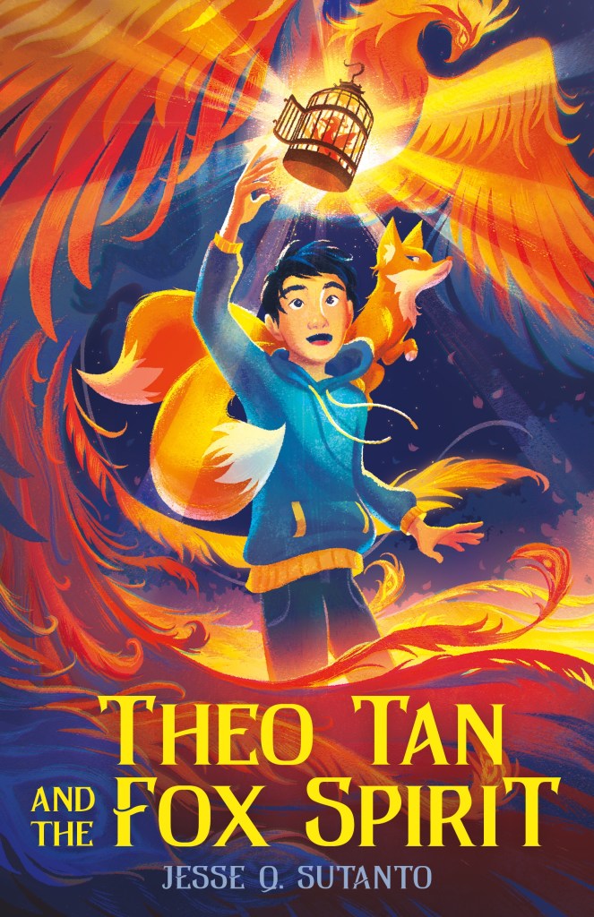 Cover of Theo Tan and the Fox Spirit, featuring a boy with a fox on his shoulder, arm raised to an open cage with a phoenix in the background.