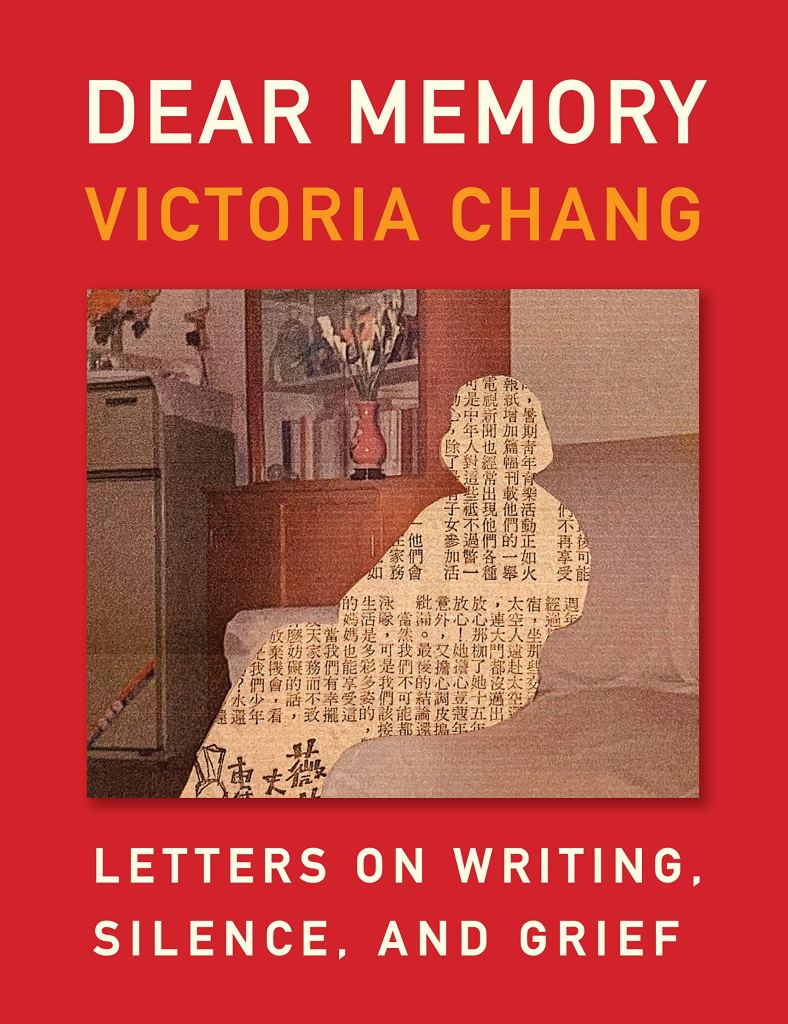 Cover of Dear Memory, featuring a red cover with a newspaper-cutout of a woman's shape on a sofa in a vintage photo.
