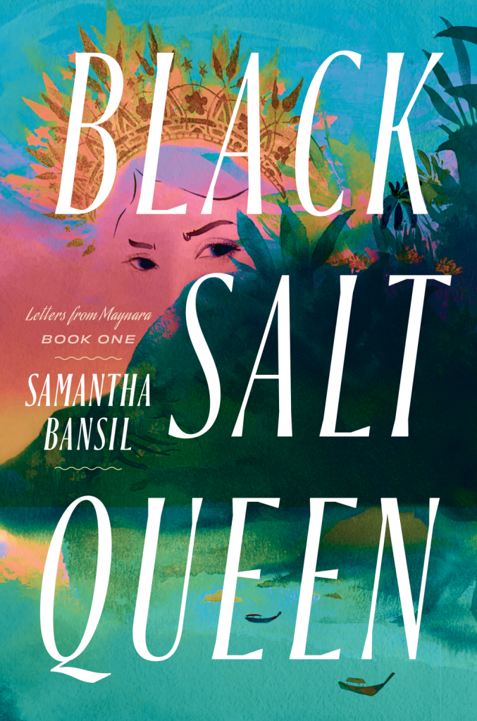 Cover of Black Salt Queen, featuring a rainbow island backdrop and a crown-wearing woman's eyes looking out at the viewer.