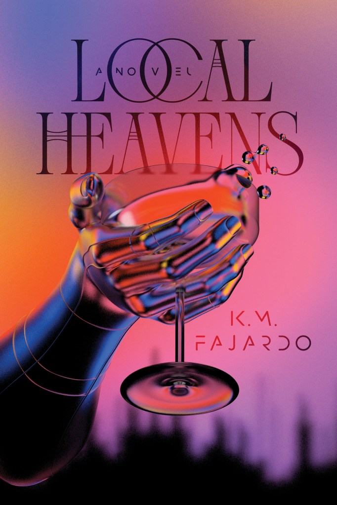Cover of Local Heavens, featuring a dreamy pinkish-purple backdrop with a steel-like hand cupping a glass of liquid.