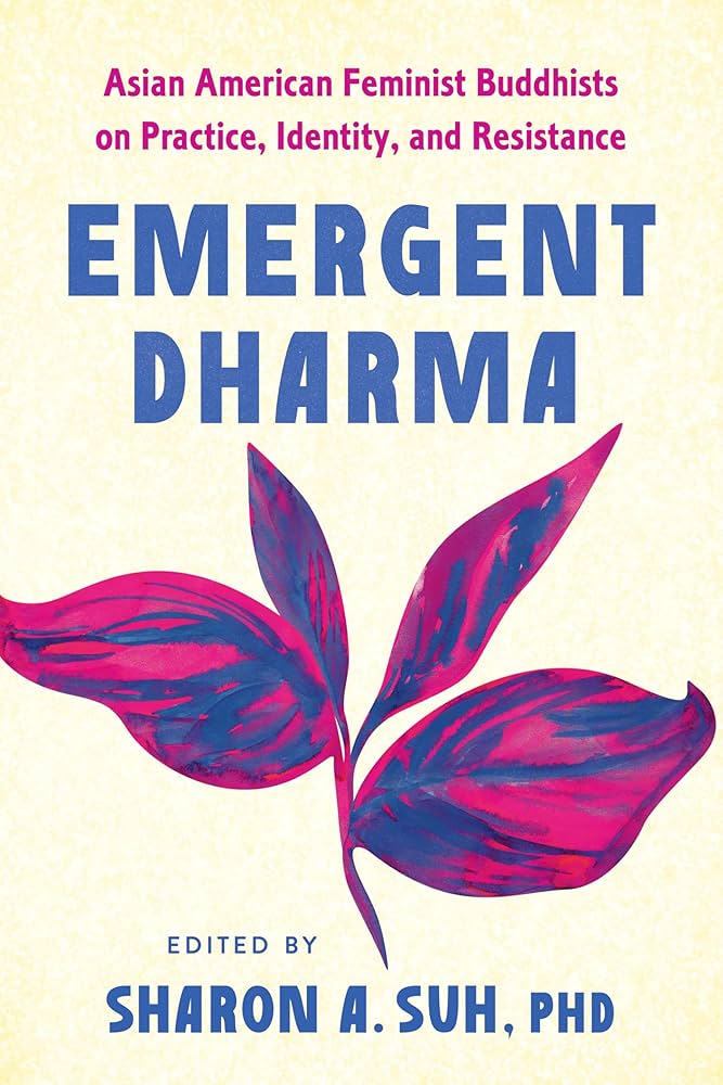 Cover of Emergent Dharma, featuring a stalk with pink and purple leaves against a pale yellow background.